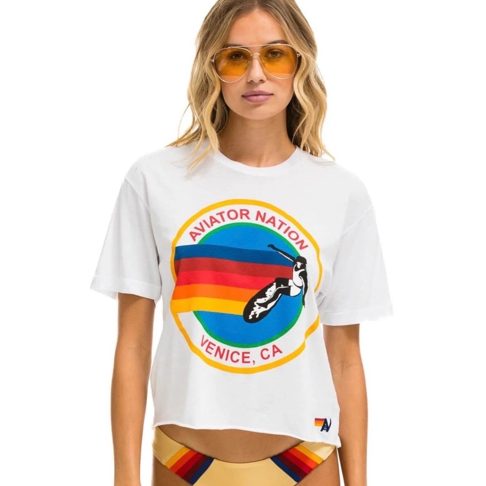 Aviator Nation Venice Beach CA Surfer Graphic Cropped Tee White XS